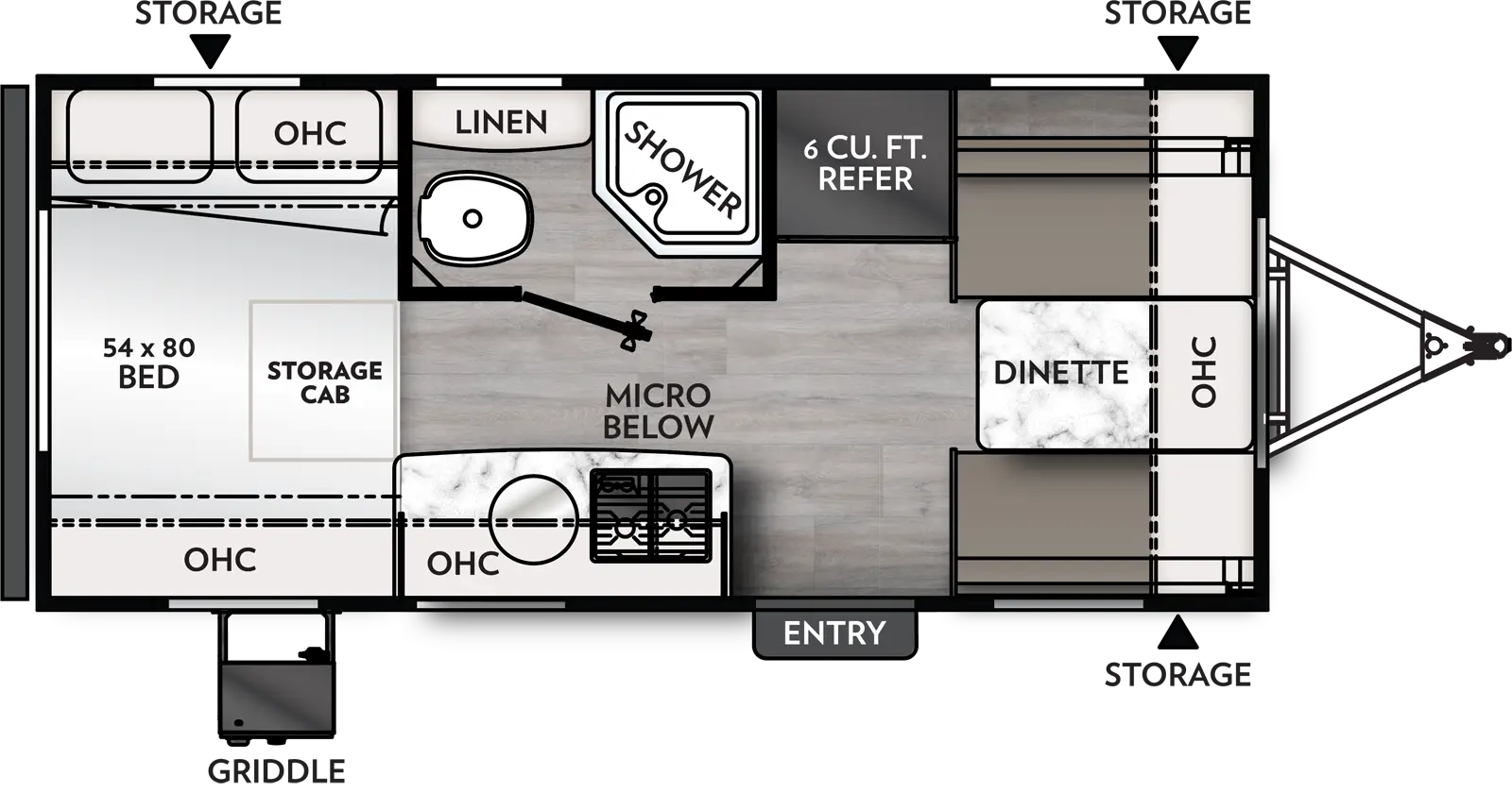 The 16R has no slide outs and 1 entry door. Exterior features include front opposing side storage, rear off-door side storage, and a door side griddle. Interior layout from front to back includes: front wall dinette with overhead cabinet; 6 cu. ft. refrigerator across from entry door; door side kitchen with sink, overhead cabinet, stovetop and under-counter microwave; off-door side bathroom with linen storage, toilet and shower; and rear 54 x 80 side facing bed with storage cabinet underneath and head and foot overhead cabinets.